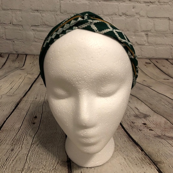 Knotted Boho Headband Green White Mixed Pattern - Picture 2 of 8